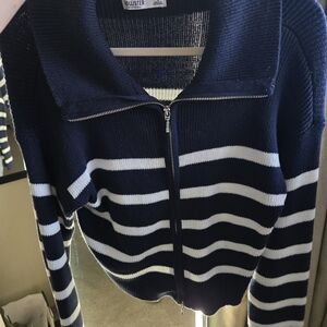 Hollister Navy & White Striped Zip Sweater with Collar